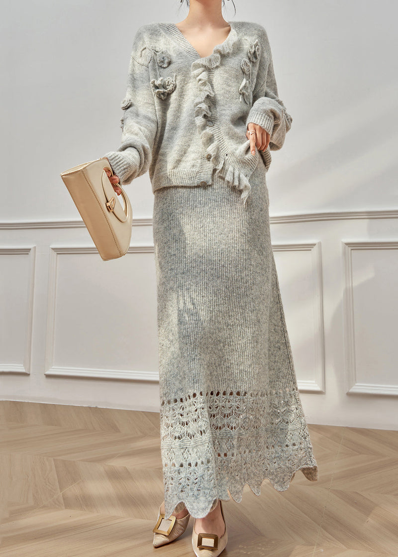 Grey Ruffled Hollow Out Knit Two Piece Set Winter