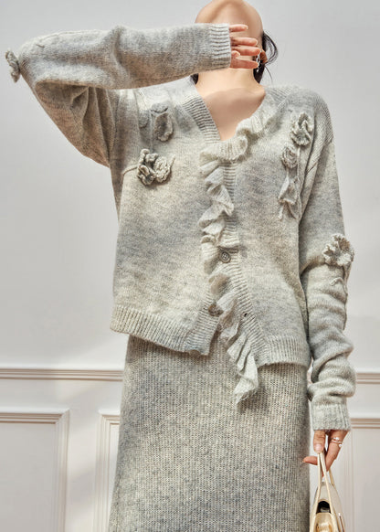 Grey Ruffled Hollow Out Knit Two Piece Set Winter