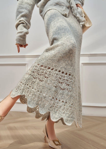 Grey Ruffled Hollow Out Knit Two Piece Set Winter