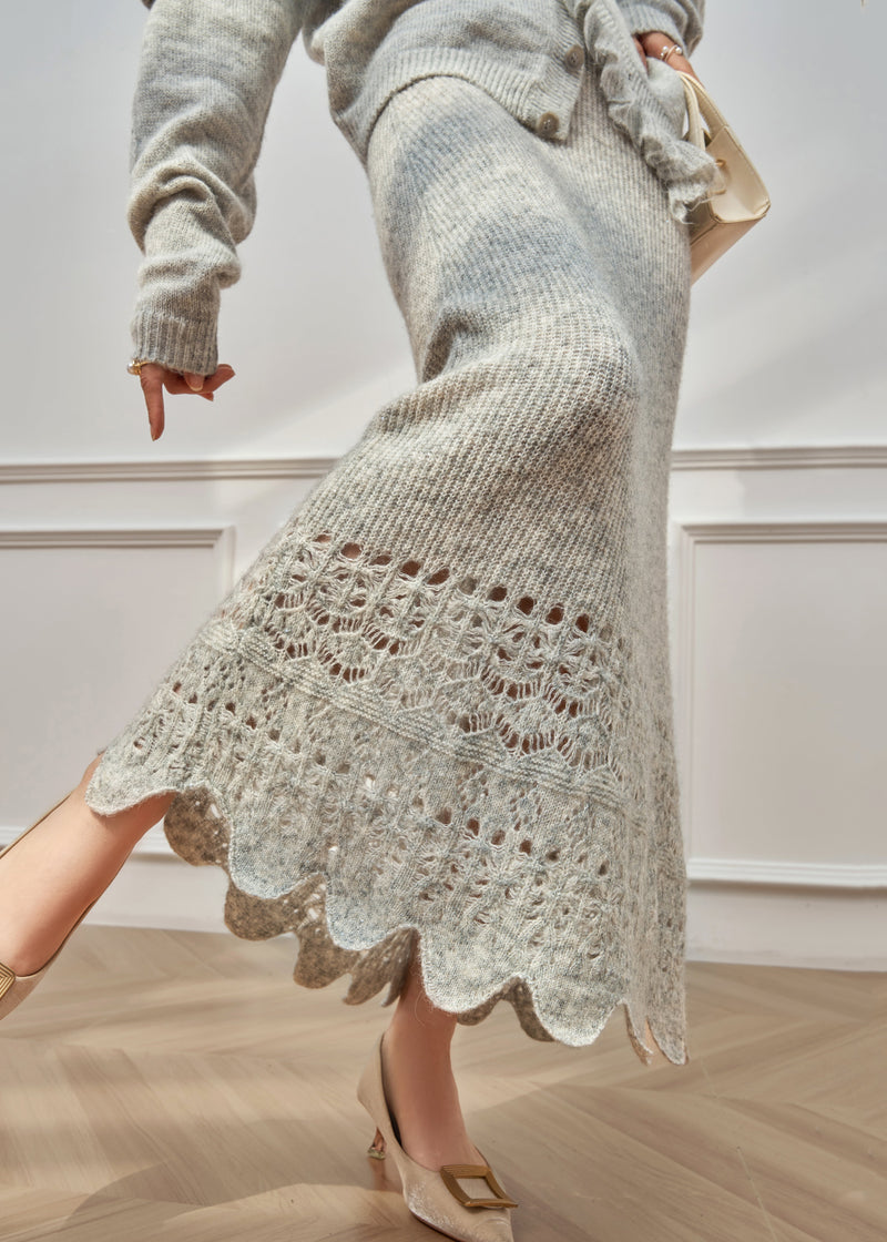 Grey Ruffled Hollow Out Knit Two Piece Set Winter