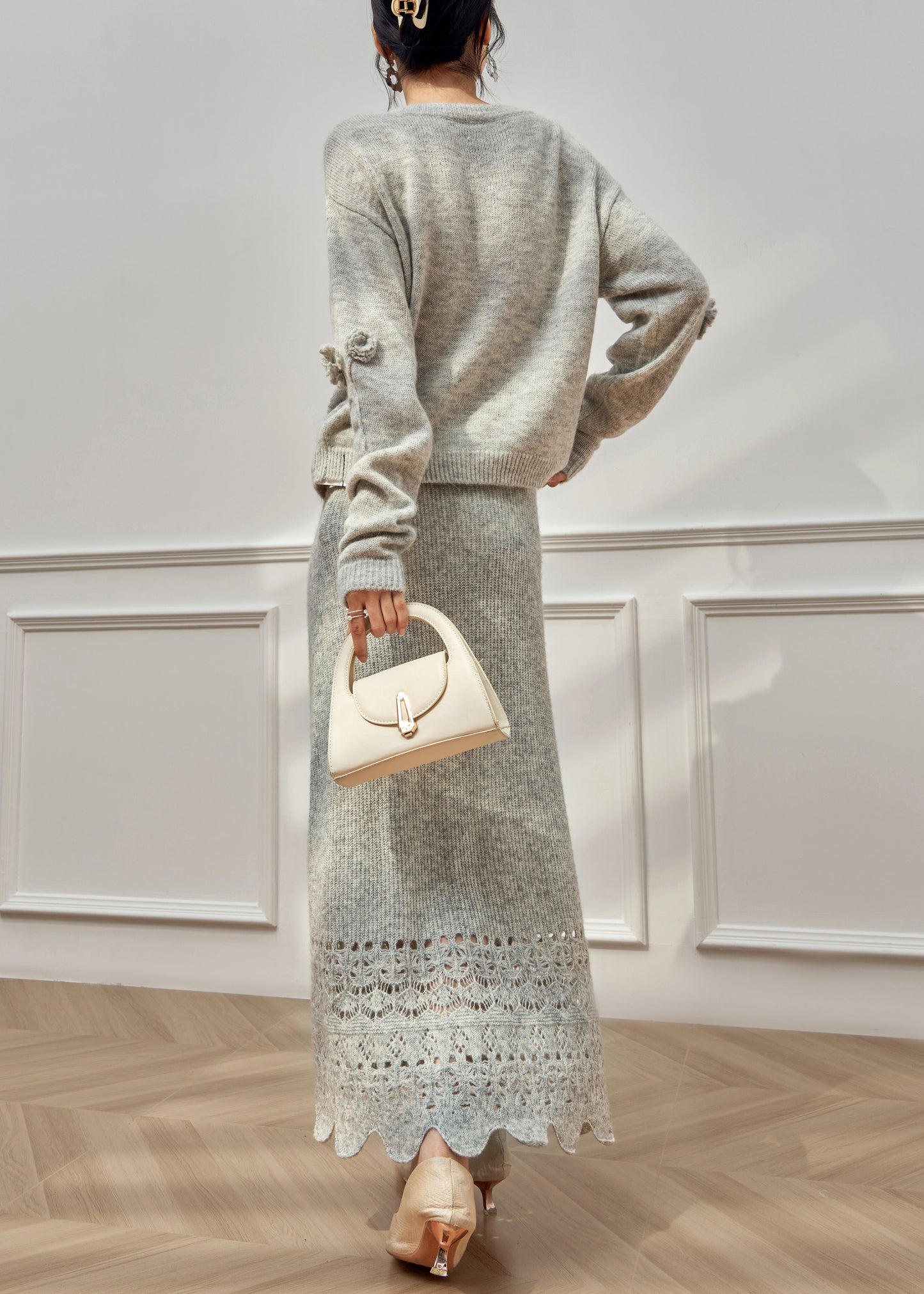 Grey Ruffled Hollow Out Knit Two Piece Set Winter