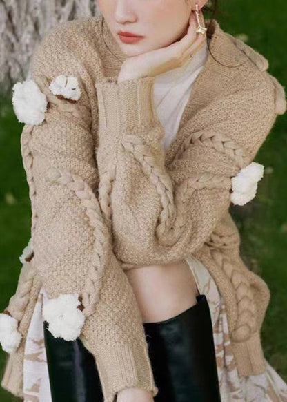 Khaki V Neck Cable Knit Cardigan Fall