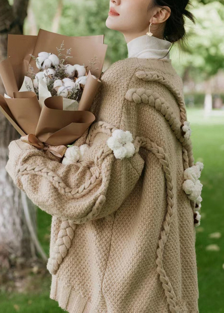 Khaki V Neck Cable Knit Cardigan Fall
