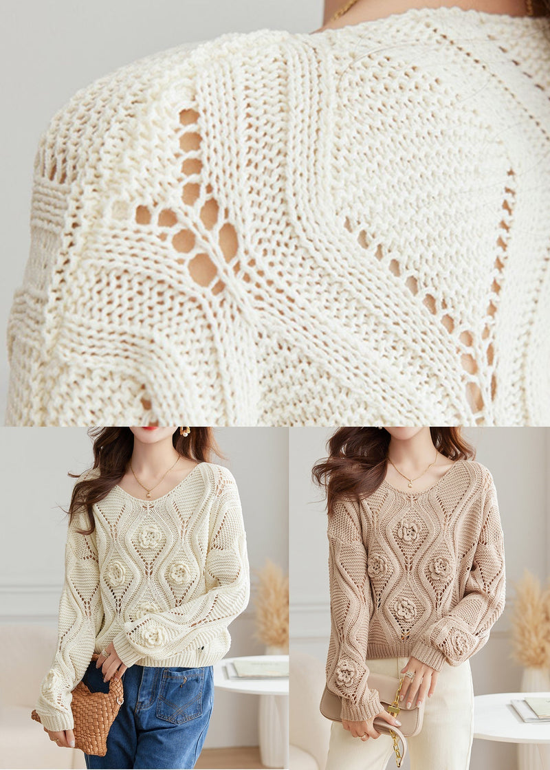 Light Camel O Neck Hollow Out Knit Sweaters Fall