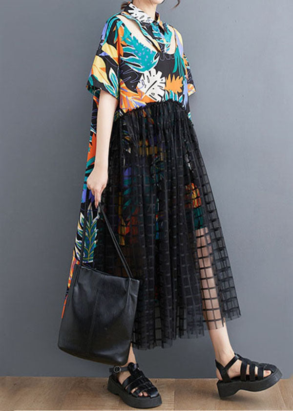 Patchwork Long Tulle Shirts Dress Wrinkled Short Sleeve