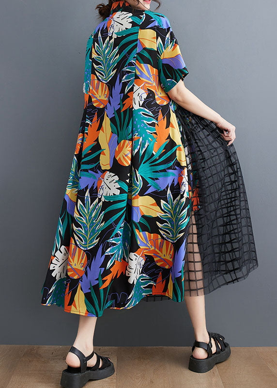 Patchwork Long Tulle Shirts Dress Wrinkled Short Sleeve