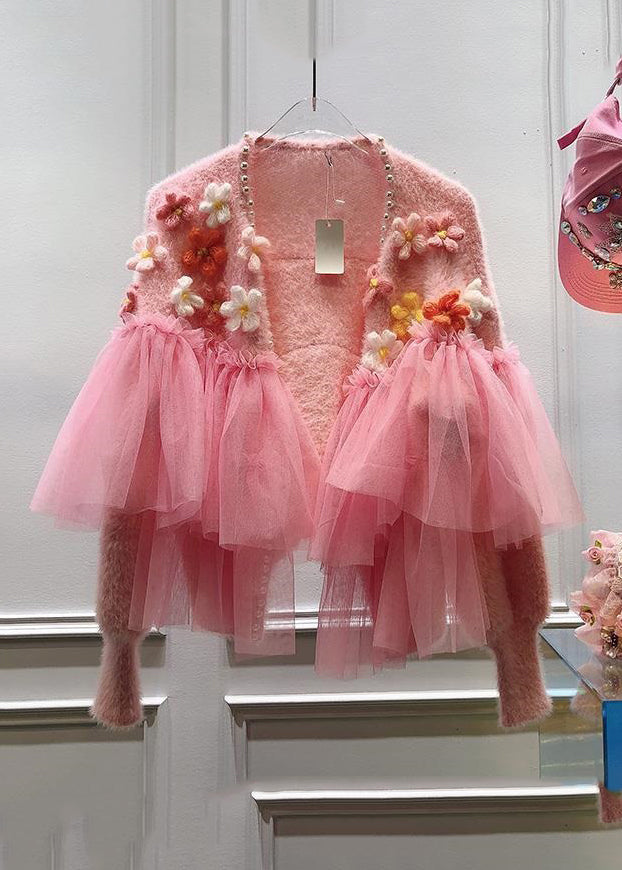 Pink Nail Bead Tulle Patchwork Knit Cardigans Spring