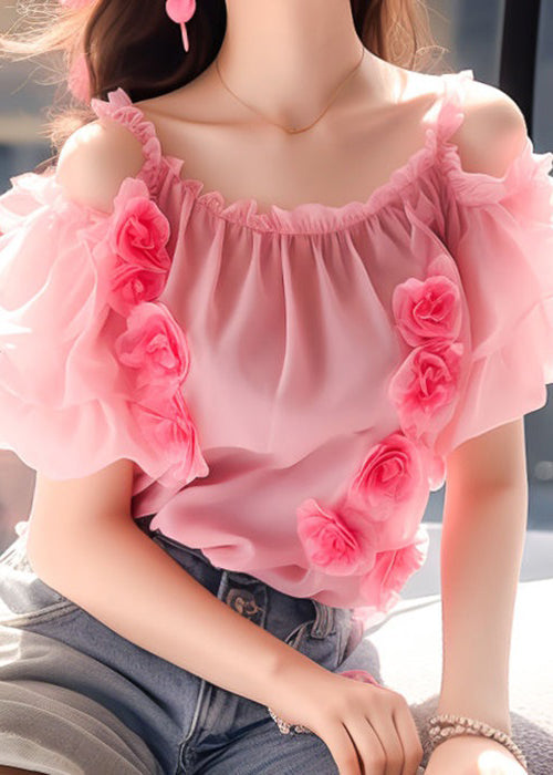 Pink Ruffled Wrinkled Chiffon Top Short Sleeve