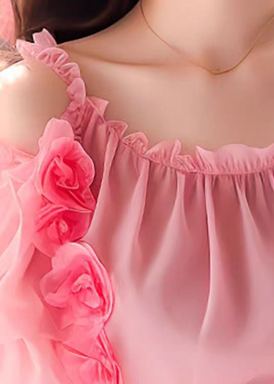 Pink Ruffled Wrinkled Chiffon Top Short Sleeve