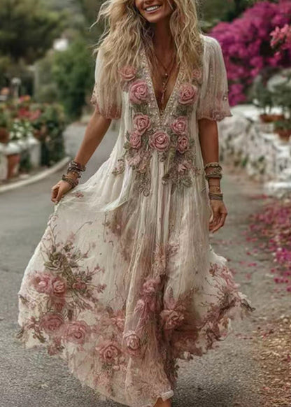 Pink V Neck Print Maxi Dress Summer