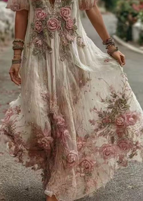 Pink V Neck Print Maxi Dress Summer