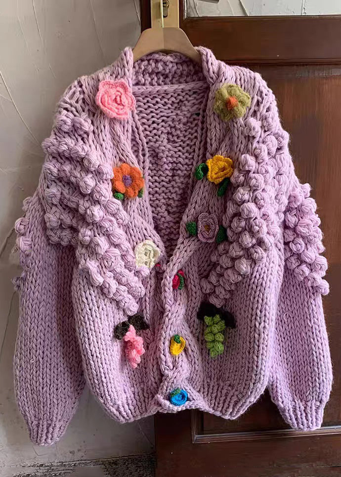 Purple V Neck Button Cozy Knit Cardigans Spring