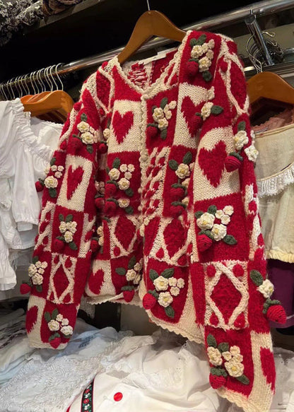 Red O Neck Button Patchwork Knit Cardigan Long Sleeve