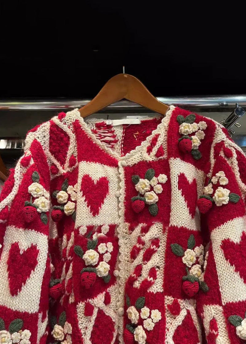 Red O Neck Button Patchwork Knit Cardigan Long Sleeve