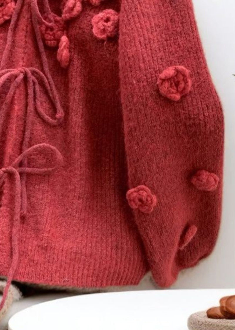 Red V Neck Lace Up Knit Cardigan Spring