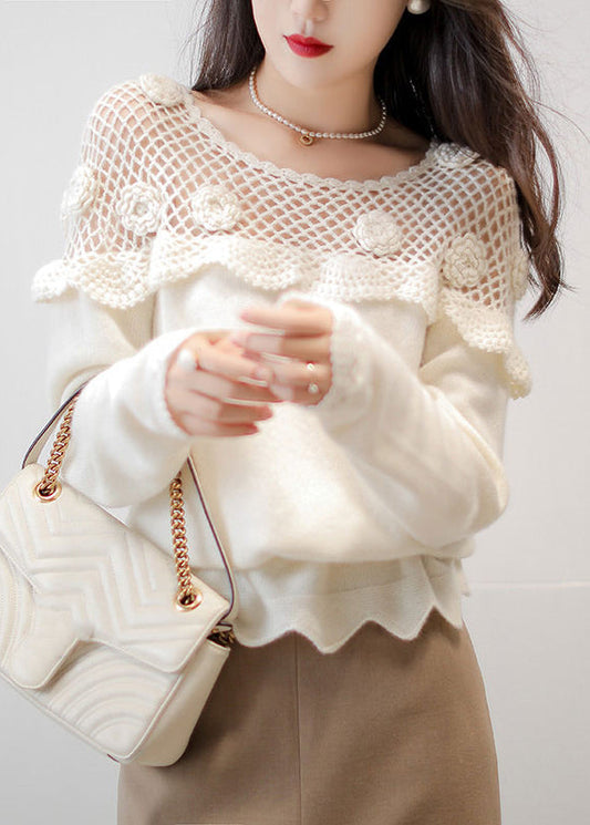 White Hollow Out Patchwork Cotton Knit Top Long Sleeve