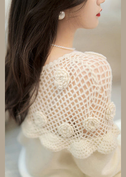 White Hollow Out Patchwork Cotton Knit Top Long Sleeve