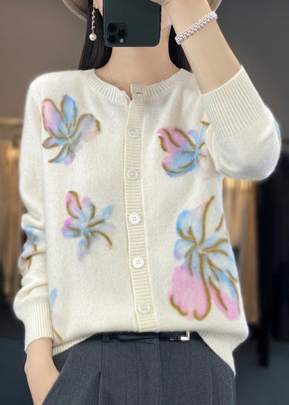 White O Neck Button Cotton Knit Coat Spring