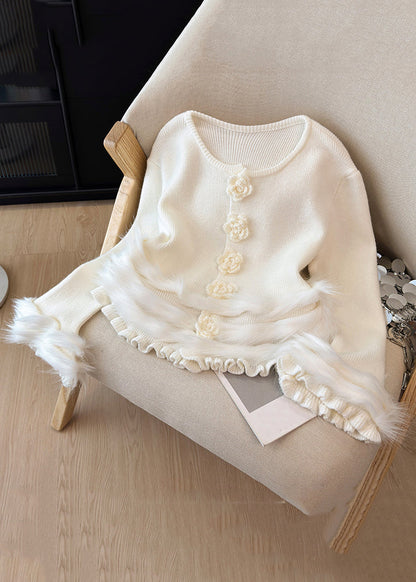 White Ruffled Cozy Patchwork Knit Sweater Tops