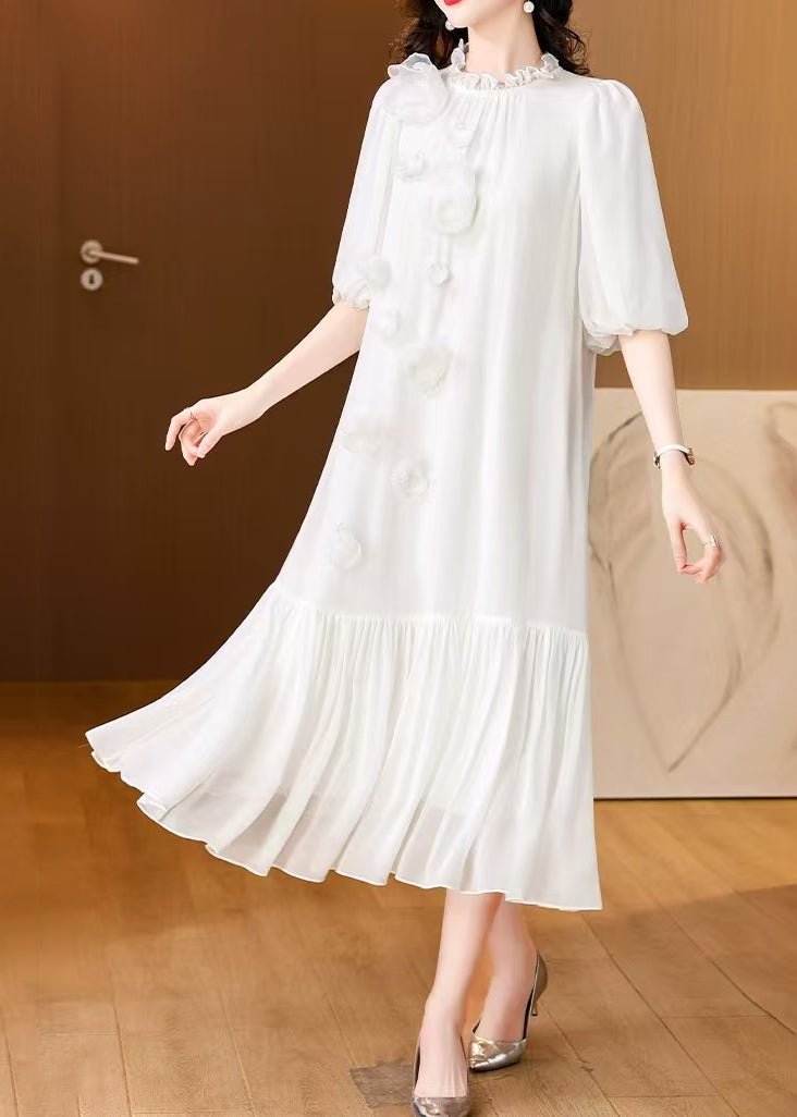 White Ruffled Silk Long Dress Summer