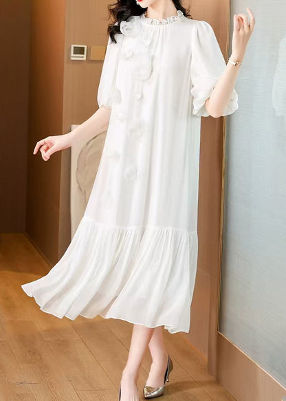 White Ruffled Silk Long Dress Summer