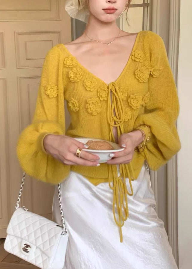 Yellow V Neck Lace Up Knit Sweaters Fall