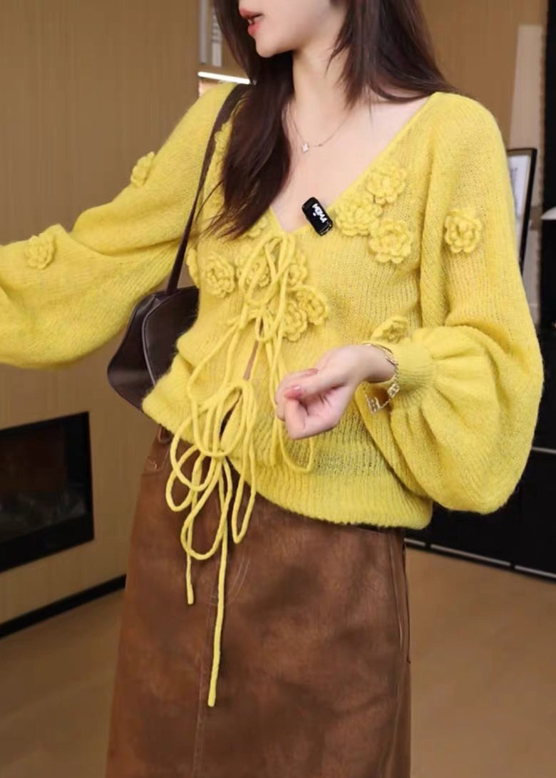 Yellow V Neck Lace Up Knit Sweaters Fall