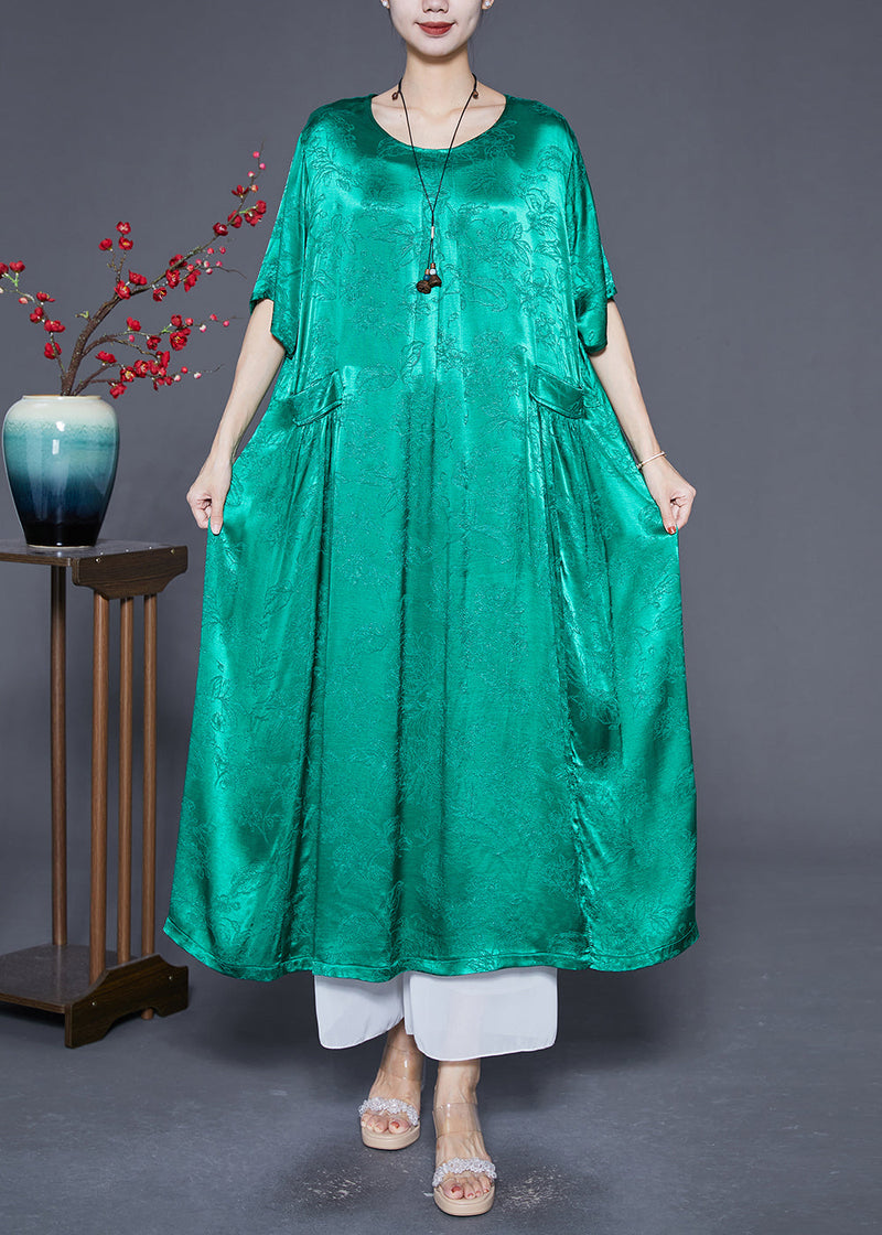 Fluorescent Green Silk Maxi Dresses O-neck Pockets Summer