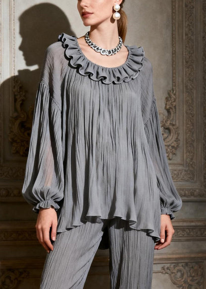 Foggy Gray Ruffled Tops and Crop Pants Two Pieces Set O-neck Butterfly Sleeve