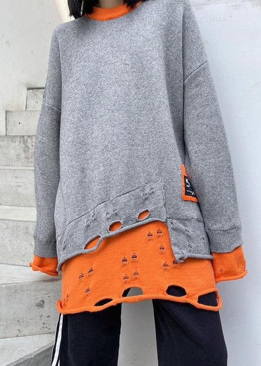 For Spring Gray Sweater Tops O Neck Hole Knitted Blouse