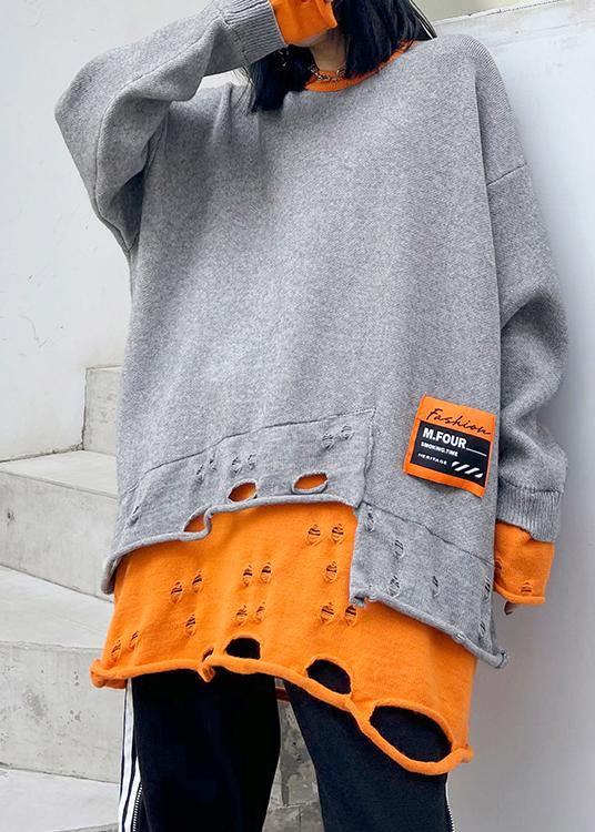 For Spring Gray Sweater Tops O Neck Hole Knitted Blouse