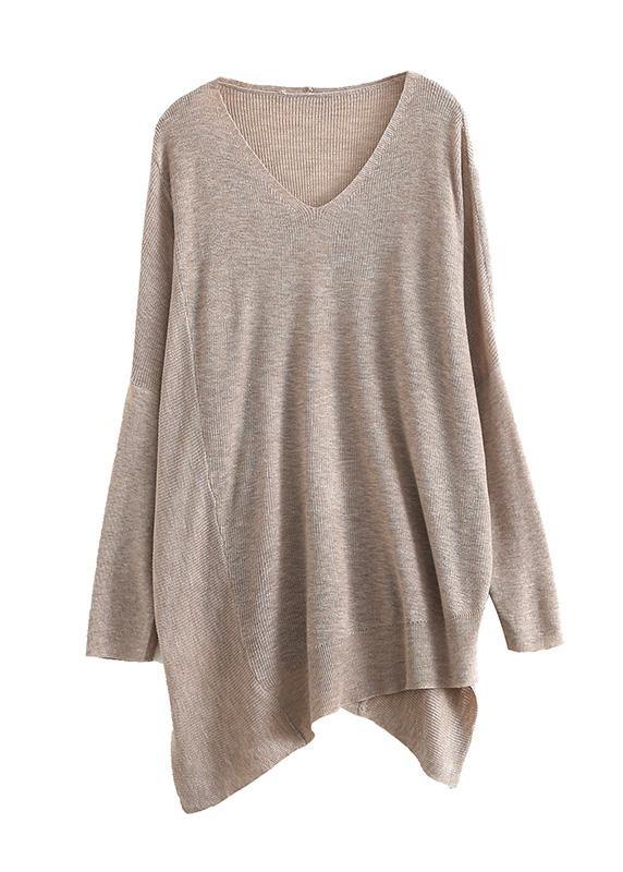 For Spring Nude Clothes V Neck Asymmetric Knit Tops