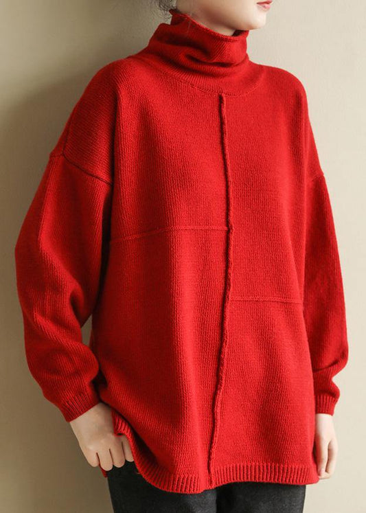 For Spring Turtleneck Red Knitwear Patchwork Knitted Pullover