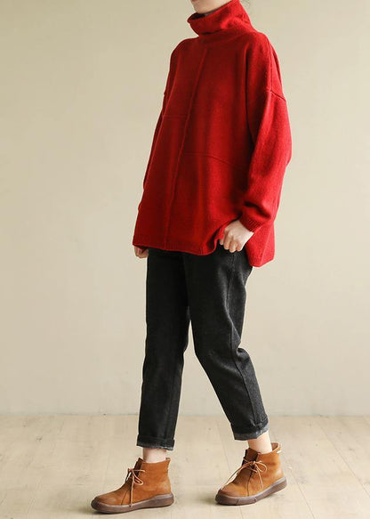 For Spring Turtleneck Red Knitwear Patchwork Knitted Pullover