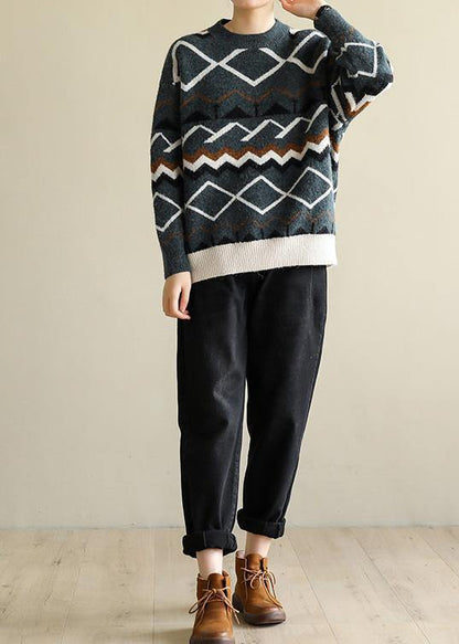 For Spring Army Green Geometry Knitted Pullover Wild O Neck Knitwear