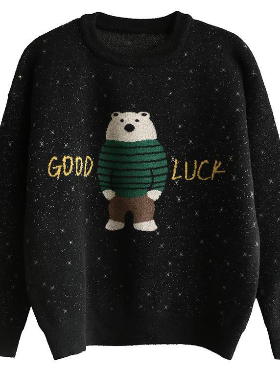 For Spring Black Knit Tops O Neck Loose Fitting Cartoon Print Knitted Blouse