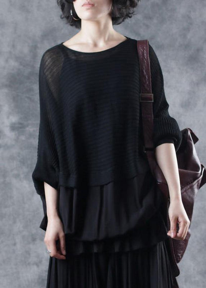 For Spring Black Knitted Clothes O Neck Knitted Blouse Batwing Sleeve