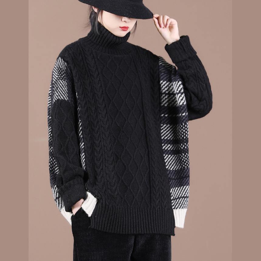 For Spring Black Plaid Khitted Clothes High Neck Knit Tops