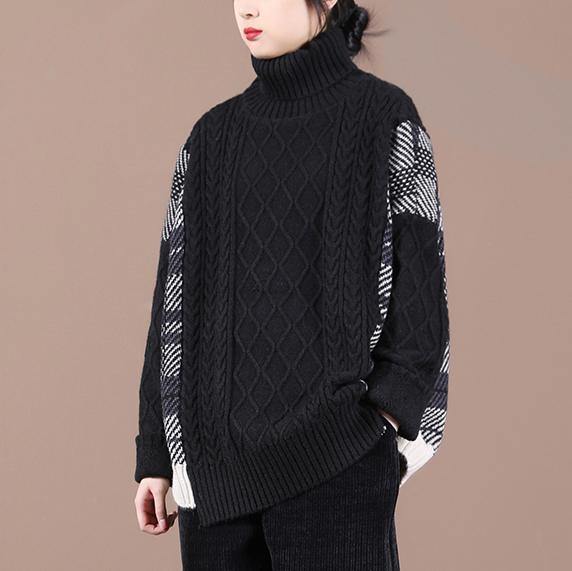 For Spring Black Plaid Khitted Clothes High Neck Knit Tops