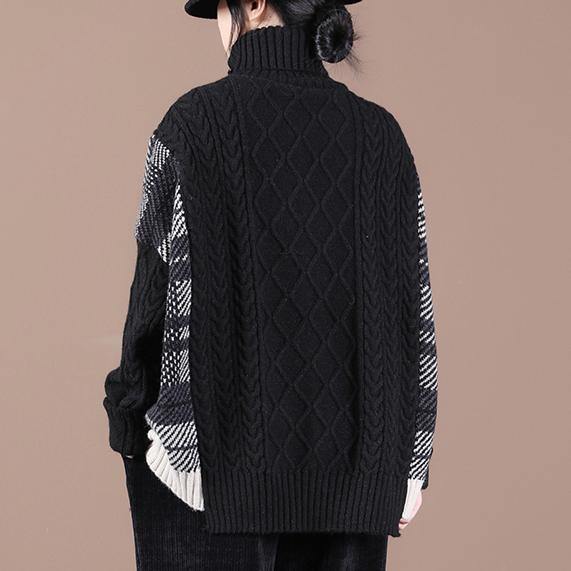 For Spring Black Plaid Khitted Clothes High Neck Knit Tops
