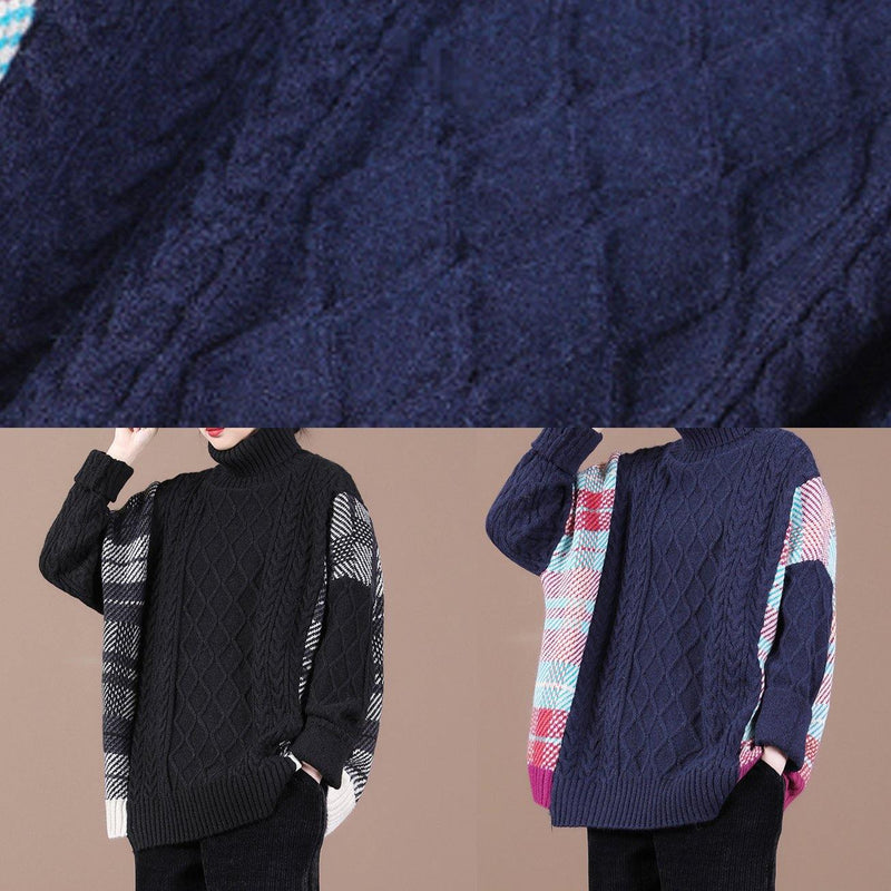 For Spring Black Plaid Khitted Clothes High Neck Knit Tops