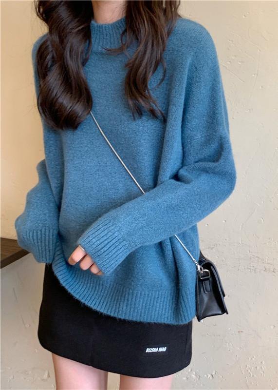 For Spring Blue Sweater Tops High Neck Knit Sweat Tops