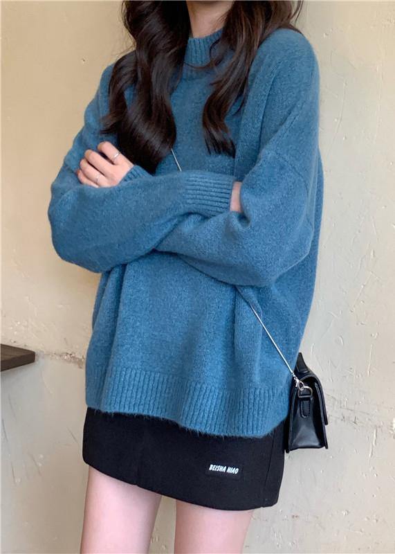 For Spring Blue Sweater Tops High Neck Knit Sweat Tops