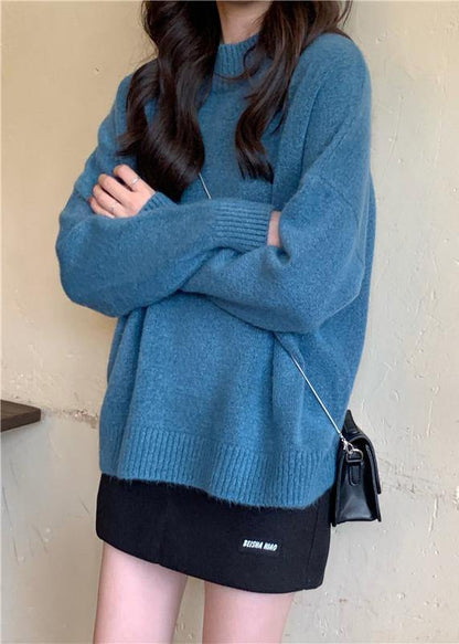 For Spring Blue Sweater Tops High Neck Knit Sweat Tops