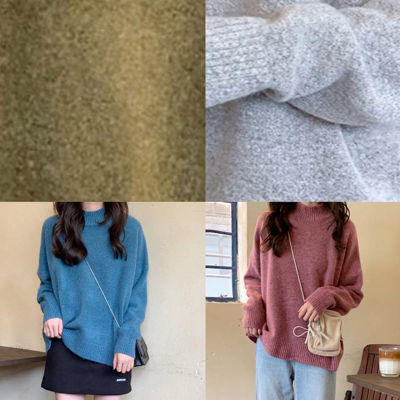 For Spring Blue Sweater Tops High Neck Knit Sweat Tops