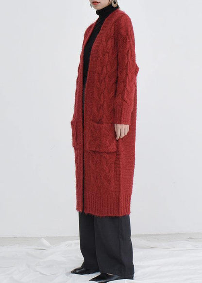 For Spring Burgundy Oversize Fall Pockets Knit Sweat Tops