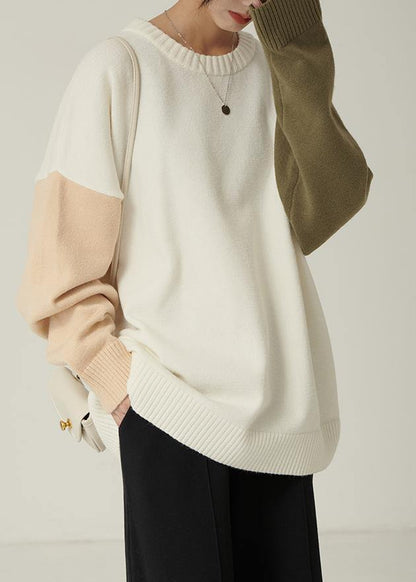 For Spring Fall Nude Knitwear Fall O Neck Patchwork Blouse
