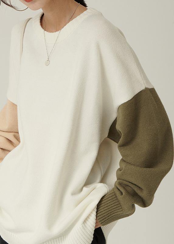 For Spring Fall Nude Knitwear Fall O Neck Patchwork Blouse