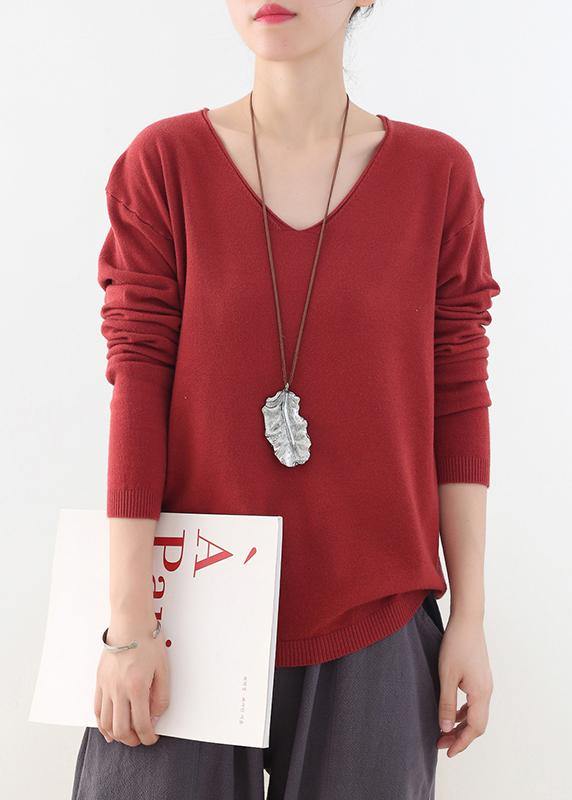 For Spring Fall Red Knitted Blouse V Neck Knitted Top