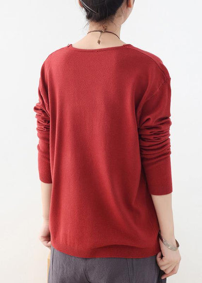 For Spring Fall Red Knitted Blouse V Neck Knitted Top